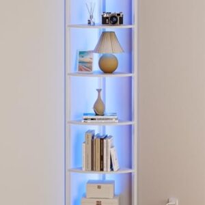 Furnulem 6 Tier Corner Shelf with LED Light – 67.5" Tall Standing Shelf Organizer, White Narrow Bookshelf with Storage Rack for Wall Corner