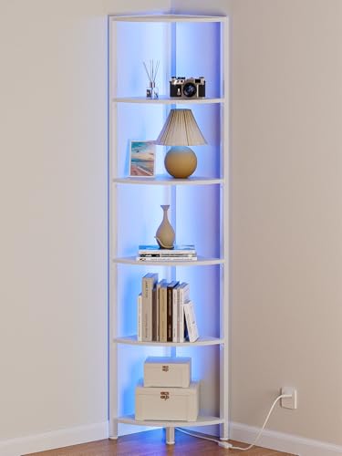 Furnulem 6 Tier Corner Shelf with LED Light – 67.5" Tall Standing Shelf Organizer, White Narrow Bookshelf with Storage Rack for Wall Corner