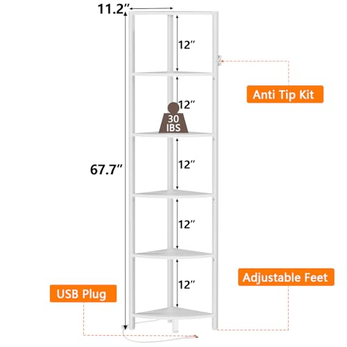 Furnulem 6 Tier Corner Shelf with LED Light – 67.5" Tall Standing Shelf Organizer, White Narrow Bookshelf with Storage Rack for Wall Corner - Image 7