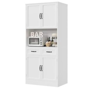 HOSTACK Tall Kitchen Pantry Cabinet – 71" Freestanding Storage Cabinet with 2 Drawers, Open Compartment & Cable Management, White