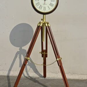 vintagedecor Wooden Floor Standing Clock – 65" Tall Adjustable Tripod Display with 12" Round Wooden Dial, Brown
