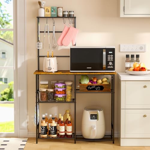 3IngSeagulls 6-Layer Kitchen Storage Rack – Multifunctional Baker's Rack with Countertop, S-Hooks, and Adjustable Shelf, Brown - Image 5
