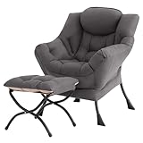 Modern Large Accent Chair with Ottoman, Comfy Leisure Sofa Armchair with Footrest, Reading Chair for Bedroom, Living Room, Dorm Rooms, Garden Dark Grey