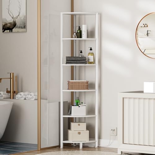 Furnulem 6 Tier Corner Shelf with LED Light – 67.5" Tall Standing Shelf Organizer, White Narrow Bookshelf with Storage Rack for Wall Corner - Image 5