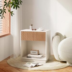 NNOD Modern Minimalist Nightstand Set of 2 – White & Oak Finish with 3D Wood Grain Drawer, Side Table with Storage