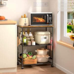 ThreeHio 3-Tier Rolling Microwave Cart – Storage Cart with Lockable Wheels & 4 S-Hooks, Brown