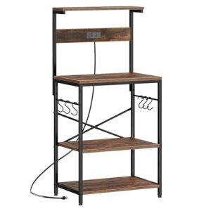 SUPERJARE Kitchen Bakers Rack with Power Outlet – 4-Tier Coffee Bar Table, Microwave Stand with 6 S-Hooks, Rustic Brown