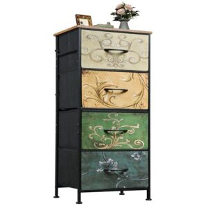 WLIVE Dresser with 4 Drawers – Storage Tower Organizer Unit, Floral Painted Vintage Furniture with Sturdy Steel Frame & Wood Top