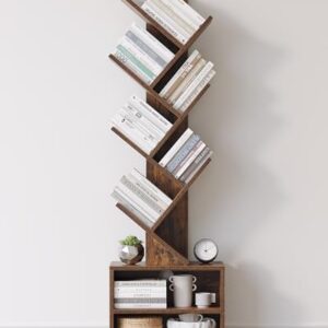 SUNMORY Tree Bookshelf – 6-Tier Tall Bookcase with 2 Storage Drawers, Rustic Brown