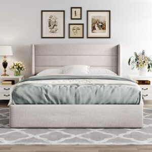 Alternative view of Allewie Queen Size Lift-Up Storage Bed Frame – Upholstered Wingback Headboard with Gas Lift Mechanism, Beige
