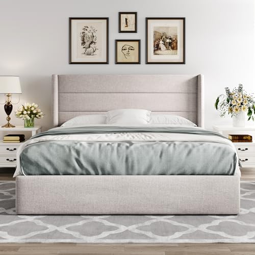 Allewie Queen Size Lift-Up Storage Bed Frame – Upholstered Wingback Headboard with Gas Lift Mechanism, Beige - Image 2