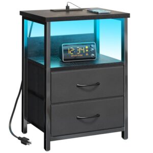 Momok LED Nightstand with Charging Station – RGB Lighting, 3 Fabric Drawers, 2-Tier Shelf, Black