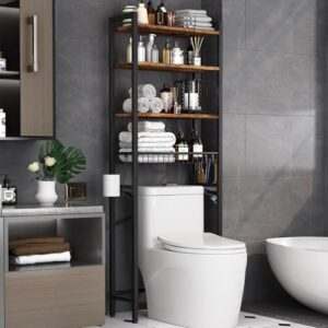 Kalrin Over The Toilet Storage Shelf – 4-Tier Bathroom Organizer with 3 Adjustable Shelves, Storage Basket, Hooks & Toilet Paper Holder, Rustic Brown
