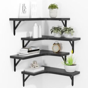 ROMGUAR CRAFT Set of 4 Corner Floating Shelves – Rustic Wall Mount Display Shelves, Black, 16" x 11.4" x 0.6"
