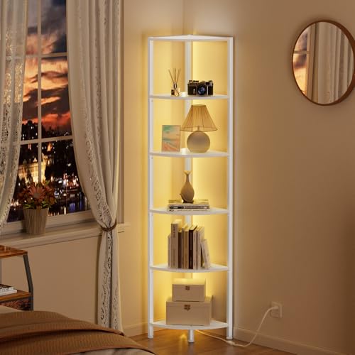 Furnulem 6 Tier Corner Shelf with LED Light – 67.5" Tall Standing Shelf Organizer, White Narrow Bookshelf with Storage Rack for Wall Corner - Image 6