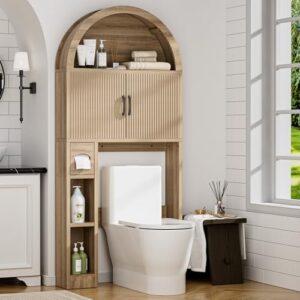 Spurgehom Over-The-Toilet Storage Cabinet – Elegant Arch Design with Adjustable Shelves, Paper Towel Holder, Wood Finish