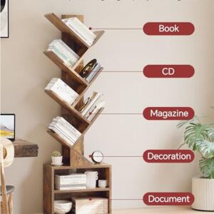 Alternative view of SUNMORY Tree Bookshelf – 6-Tier Tall Bookcase with 2 Storage Drawers, Rustic Brown
