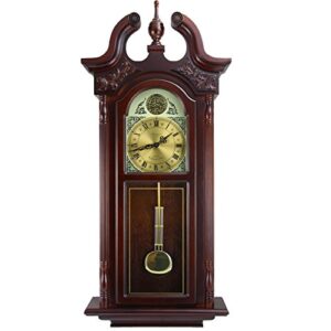Bedford Clock Collection 38" Grand Antique Chiming Wall Clock with Roman Numeral Dial & Swinging Pendulum, Cherry Oak Finish