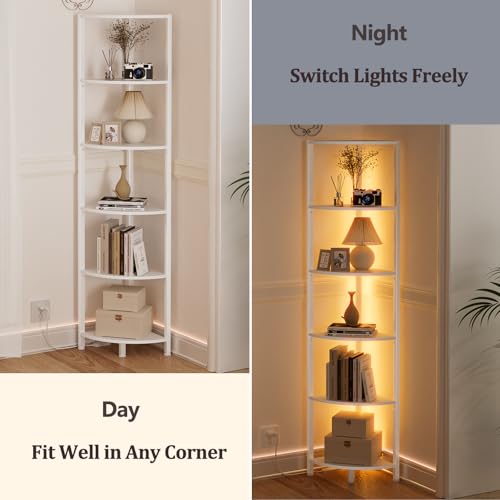 Furnulem 6 Tier Corner Shelf with LED Light – 67.5" Tall Standing Shelf Organizer, White Narrow Bookshelf with Storage Rack for Wall Corner - Image 3