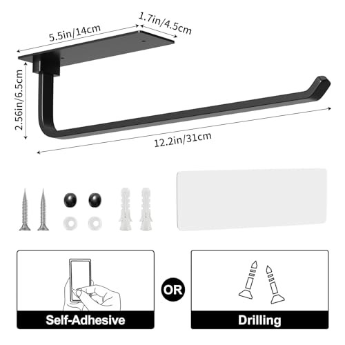 niffgaff Paper Towel Holder – Wall Mount Under Cabinet Towel Rack, Matte Black Aluminum, 2-in-1 Adhesive or Drill Installation - Image 3