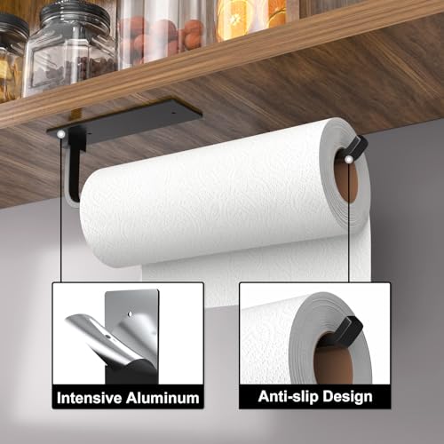 niffgaff Paper Towel Holder – Wall Mount Under Cabinet Towel Rack, Matte Black Aluminum, 2-in-1 Adhesive or Drill Installation - Image 6