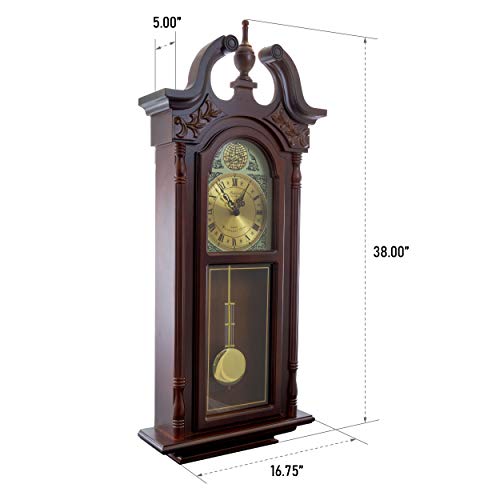 Bedford Clock Collection 38" Grand Antique Chiming Wall Clock with Roman Numeral Dial & Swinging Pendulum, Cherry Oak Finish - Image 3
