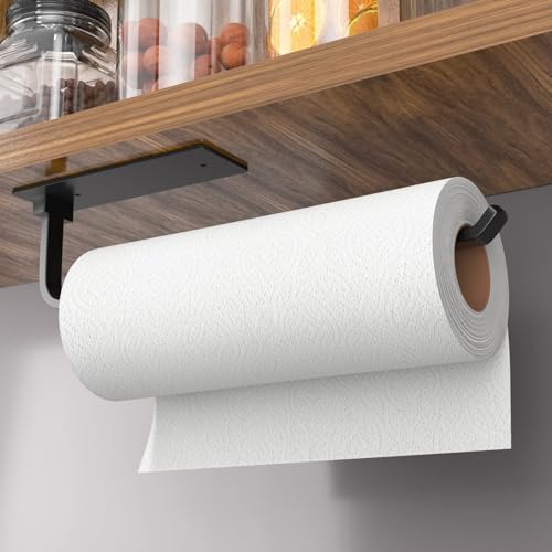 niffgaff Paper Towel Holder – Wall Mount Under Cabinet Towel Rack, Matte Black Aluminum, 2-in-1 Adhesive or Drill Installation