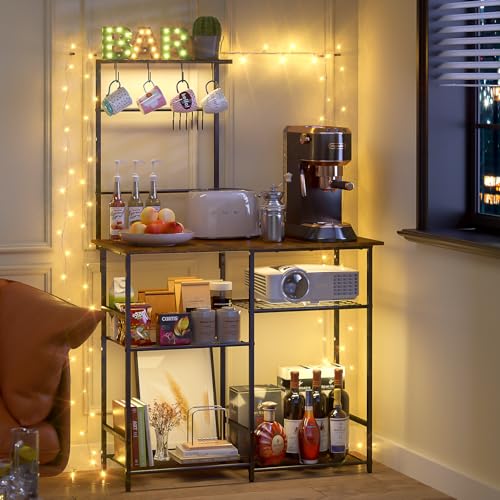 3IngSeagulls 6-Layer Kitchen Storage Rack – Multifunctional Baker's Rack with Countertop, S-Hooks, and Adjustable Shelf, Brown - Image 2