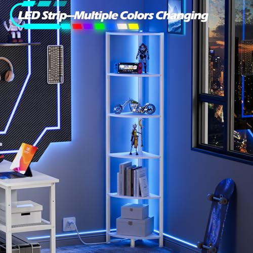Furnulem 6 Tier Corner Shelf with LED Light – 67.5" Tall Standing Shelf Organizer, White Narrow Bookshelf with Storage Rack for Wall Corner - Image 4