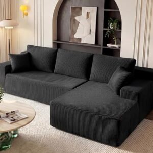 GRUSIGN Modular Sectional Sofa – 96" L-Shaped Corduroy Couch with Right Facing Chaise, No Assembly Required, Black