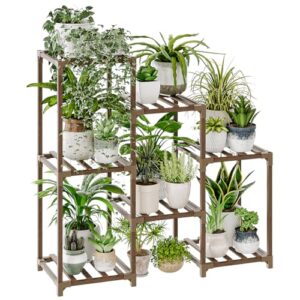 Bamworld 7-Pot Ladder Plant Stand – Carbonized Eucalyptus Wood, 3-Tier Indoor/Outdoor Plant Shelf, Natural Brown