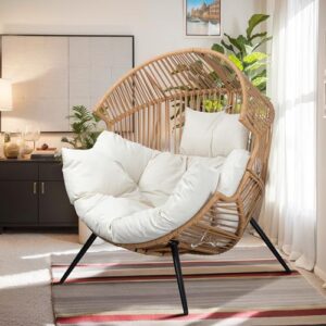 Vongrasig Outdoor Wicker Egg Chair – Oversized PE Rattan Lounge with Cloud-Soft Cushion, Beige