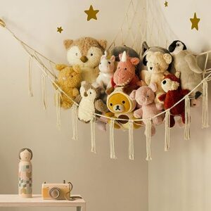 Mirolam Macrame Toy Hammock – Large Stuffed Animal Holder & Organizer, Beige, 41.5" x 41.5" x 55"