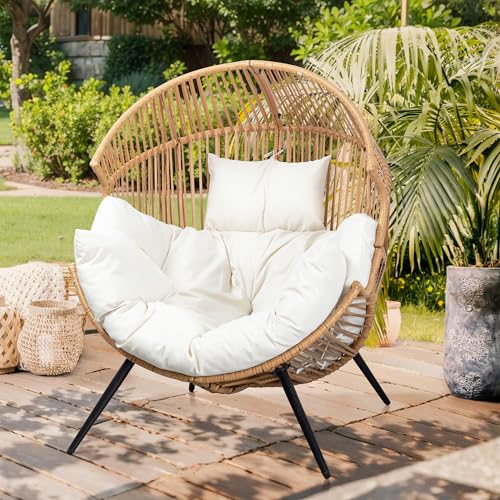 Vongrasig Outdoor Wicker Egg Chair – Oversized PE Rattan Lounge with Cloud-Soft Cushion, Beige - Image 5