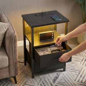Alternative view of Momok LED Nightstand with Charging Station – RGB Lighting, 3 Fabric Drawers, 2-Tier Shelf, Black