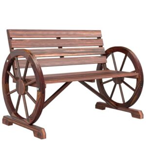 Outsunny Wagon Wheel Garden Bench – Rustic 2-Seater Outdoor Bench with Wagon Wheel Armrests, Carbonized Finish