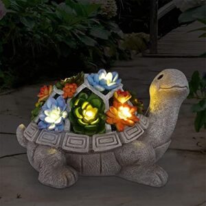 Yeemore home Solar Turtle Garden Statue – Resin Lawn Ornament with 7 LED Lights, Grey Turtle