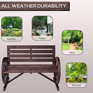 Alternative view of Outsunny Wagon Wheel Garden Bench – Rustic 2-Seater Outdoor Bench with Wagon Wheel Armrests, Carbonized Finish