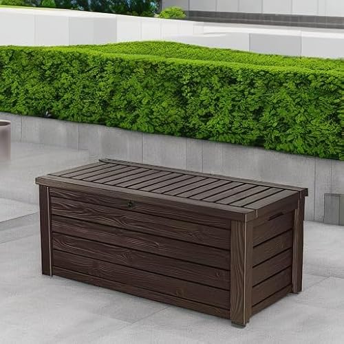 Keter Westwood 150 Gallon Resin Large Deck Box – Lockable Outdoor Storage with Bench Seating, Espresso Brown