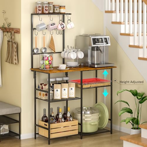 3IngSeagulls 6-Layer Kitchen Storage Rack – Multifunctional Baker's Rack with Countertop, S-Hooks, and Adjustable Shelf, Brown - Image 3