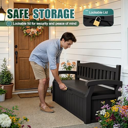 Devoko 80 Gallon Storage Bench Deck Box – Lockable Outdoor Patio Storage with Seating for Cushions, Garden Tools & Pool Supplies, Black - Image 4