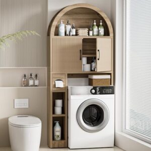 Alternative view of Spurgehom Over-The-Toilet Storage Cabinet – Elegant Arch Design with Adjustable Shelves, Paper Towel Holder, Wood Finish