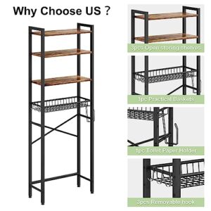 Alternative view of Kalrin Over The Toilet Storage Shelf – 4-Tier Bathroom Organizer with 3 Adjustable Shelves, Storage Basket, Hooks & Toilet Paper Holder, Rustic Brown