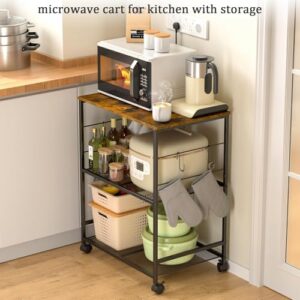 Alternative view of ThreeHio 3-Tier Rolling Microwave Cart – Storage Cart with Lockable Wheels & 4 S-Hooks, Brown