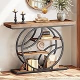 Huuger Rustic Entry Table – 2-Shelf Console Table with O-Shaped Metal Frame, Vintage Woodgrain Finish, Rustic Brown