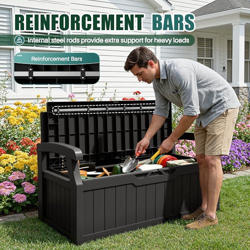 Devoko 80 Gallon Storage Bench Deck Box – Lockable Outdoor Patio Storage with Seating for Cushions, Garden Tools & Pool Supplies, Black - Image 3