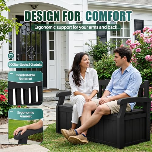 Devoko 80 Gallon Storage Bench Deck Box – Lockable Outdoor Patio Storage with Seating for Cushions, Garden Tools & Pool Supplies, Black - Image 5