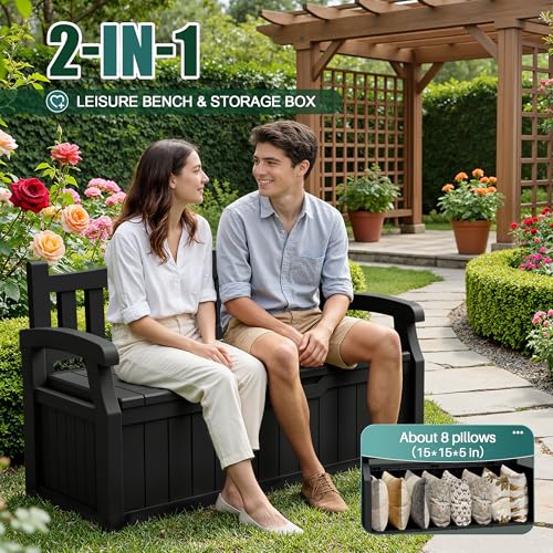 Devoko 80 Gallon Storage Bench Deck Box – Lockable Outdoor Patio Storage with Seating for Cushions, Garden Tools & Pool Supplies, Black - Image 2